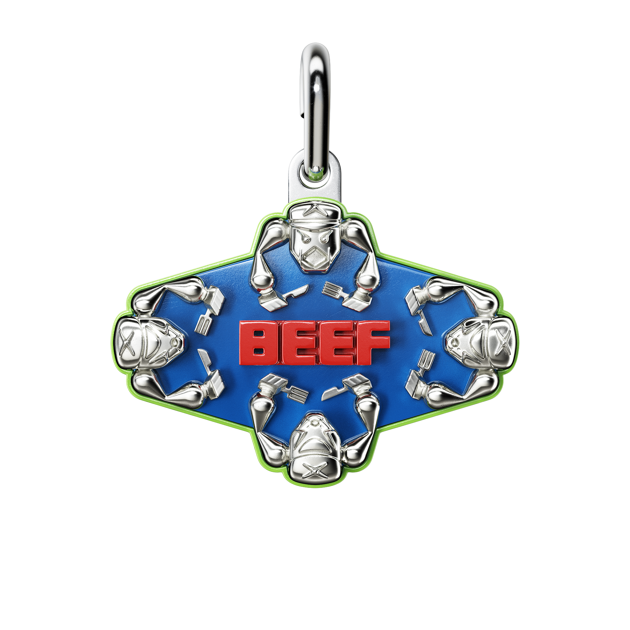 A detail of Beef Pendant in Chet Blue